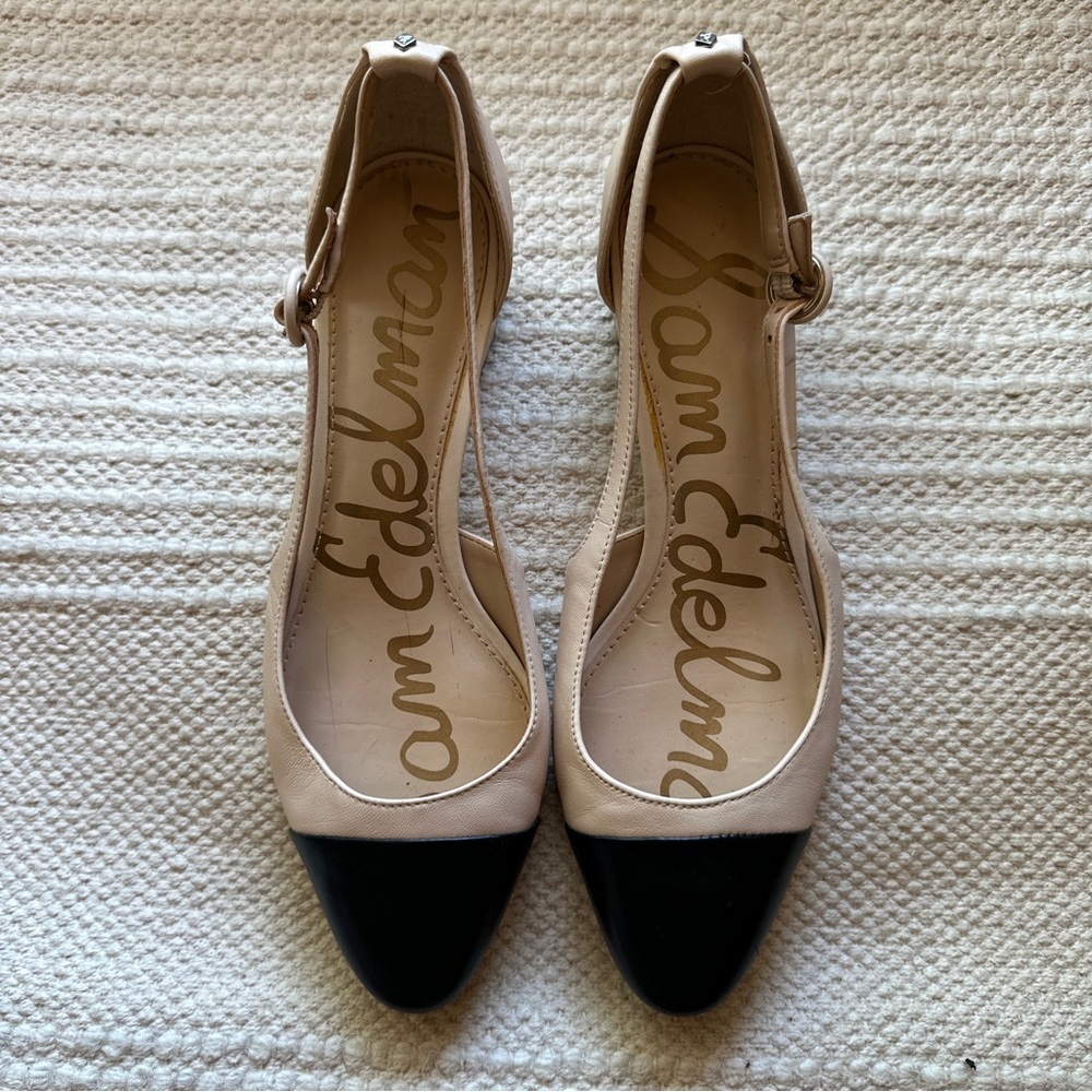 SAM EDELMAN cream and black color block leather slingback Leah block heels 7 - Picture 2 of 9